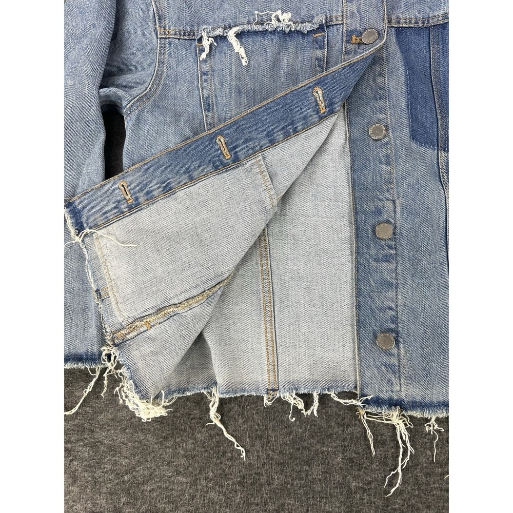 ZARA Jean Jacket Womens Medium Denim Cropped Grunge Collarless Raw Hem - Picture 4 of 10